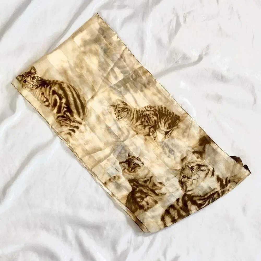 Vintage Brown Tan Cream Kitty Cat Print Silky Wrap Scarf 13.5x60